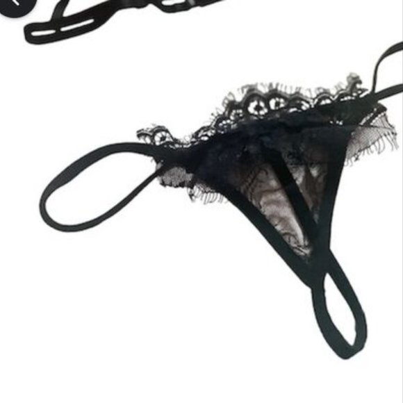 BLACK LACY LINGERIE SET WITH FLOWERS SHEER MESH SIZE SMALL - Picture 4 of 6